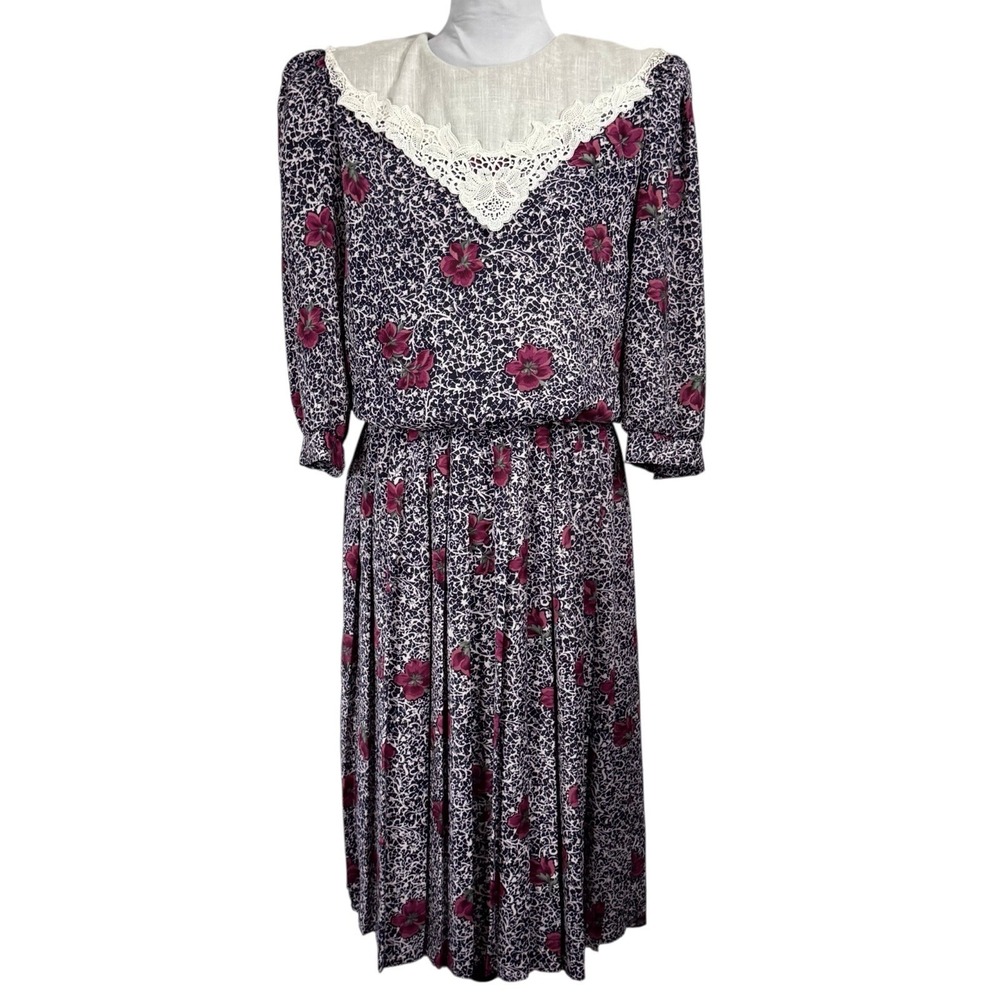 Vintage Floral Pleated Dress Size 6 P Lace Bib Collar Blouson Cottagecore 80s‎